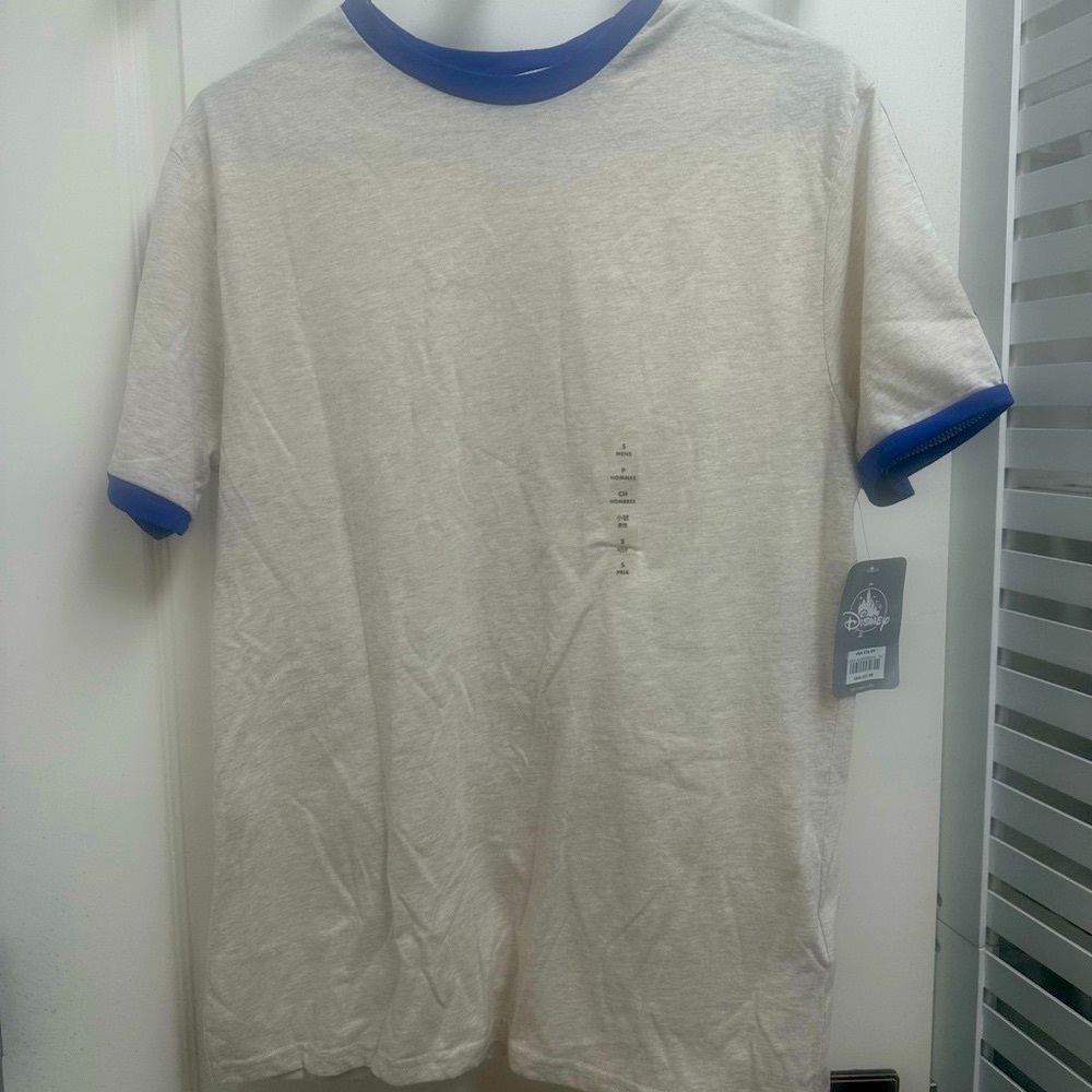 NWT Disney 50th Men's Cream T-Shirt with Blue Gold Disney Trim